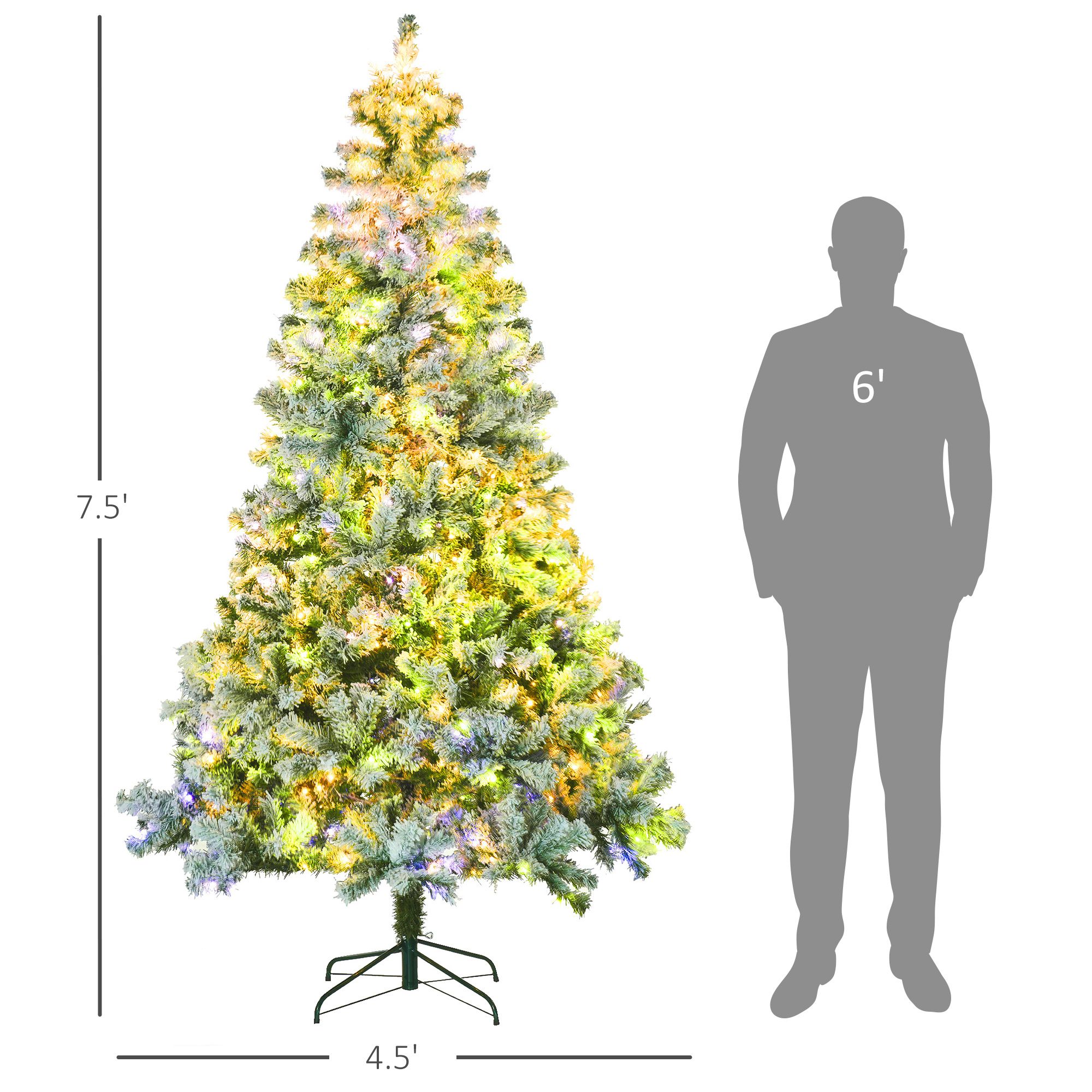 7.5 ft Artificial Snow Christmas Tree with Frosted Branches, 550 LED Lights, 1149 Tips, Steel Base, Indoor Holiday Decor