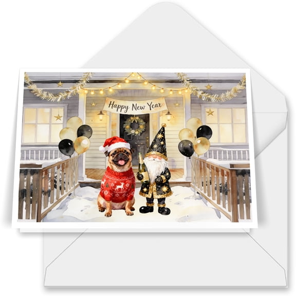 Happy New Year 2026 Brussels Griffon Santa Gnome Holiday Party Snow 7x5in Folded Greeting Card Griff Dog Lover Single Note Card with Envelope - 13019