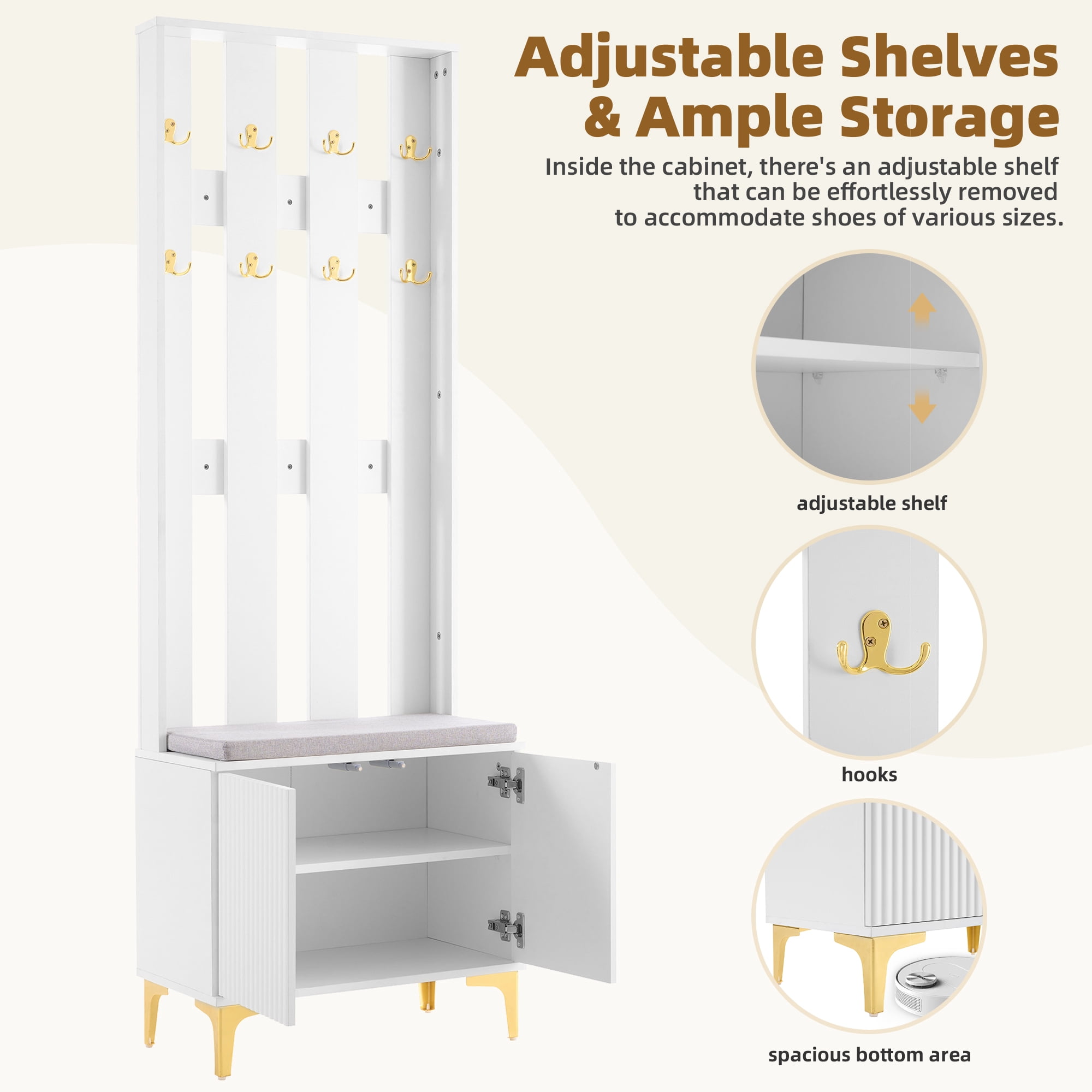 MAYEERTY 4-in-1 Hall Tree: Modern Entryway Bench with Cushion, 8 Gold Hooks, Adjustable Shelves, White