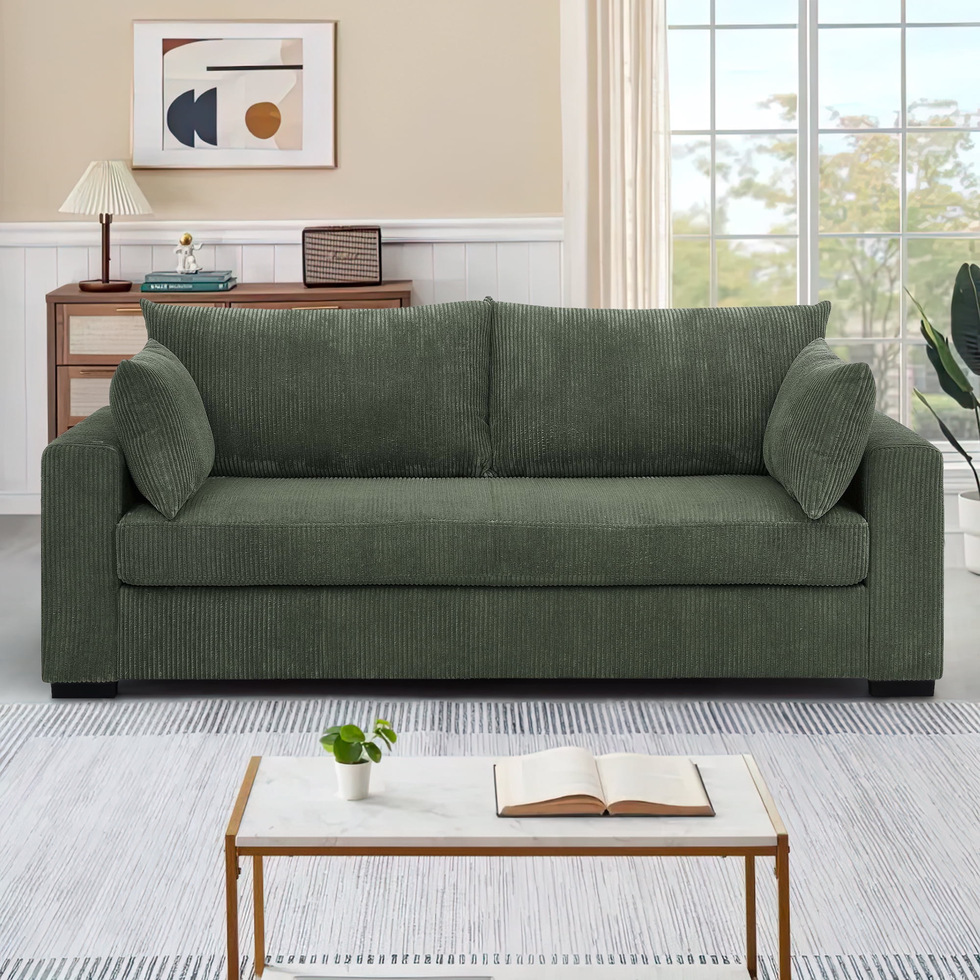 Muumblus 79"L Corduroy Sofa, Deep Seat Sleeper Couch, 3-Seater Living Room Sofa, Greens