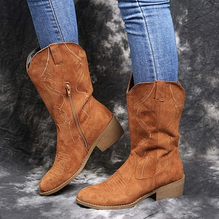 

Bescita Women s Boots Round-Toe Chunky Heel Middle Heel Slouchy Metal Leather Belt Buckle Booties