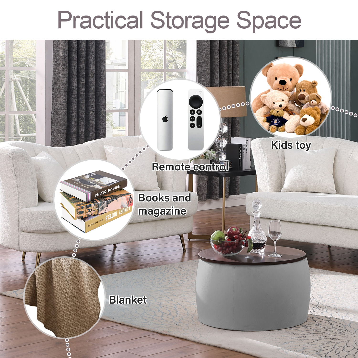 Storage Ottoman with Tray, Round Ottoman Coffee Table Handmade with Storage, Cube Organizer, End Table for Living Room, LJ423 - image 5 of 6