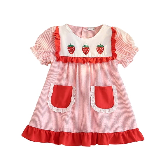 xfsWaSs Baby Girl Dress Cute Toddler Girls Short Sleeve Strawberry Embroidery Striped Dress Birthday Princess Party Dresses Casual Sundress 6-12 Months
