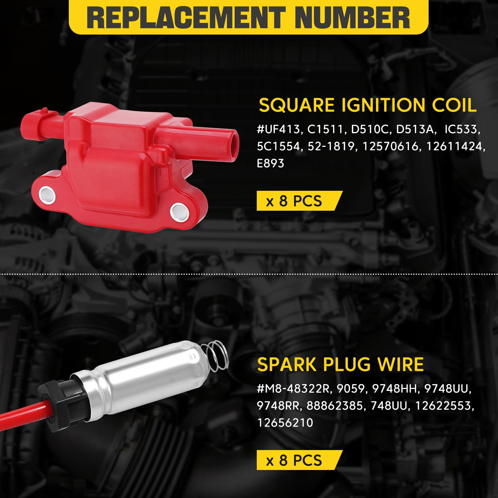 8Pcs Ignition Coil + Spark Plug Wire For GMC Chevy Silverado 1500 5.3L 6.2L UF413