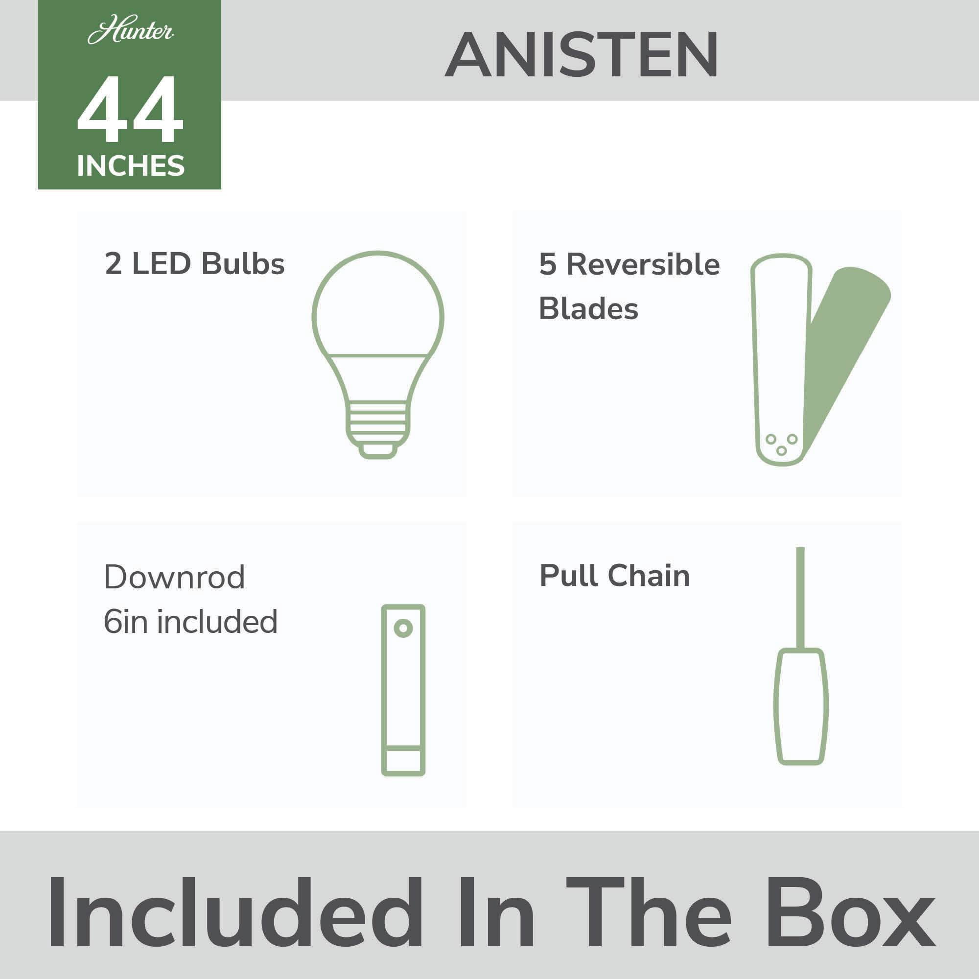 Hunter 44 inch Anisten Brushed Nickel Ceiling Fan with LED Light Kit and Pull Chain