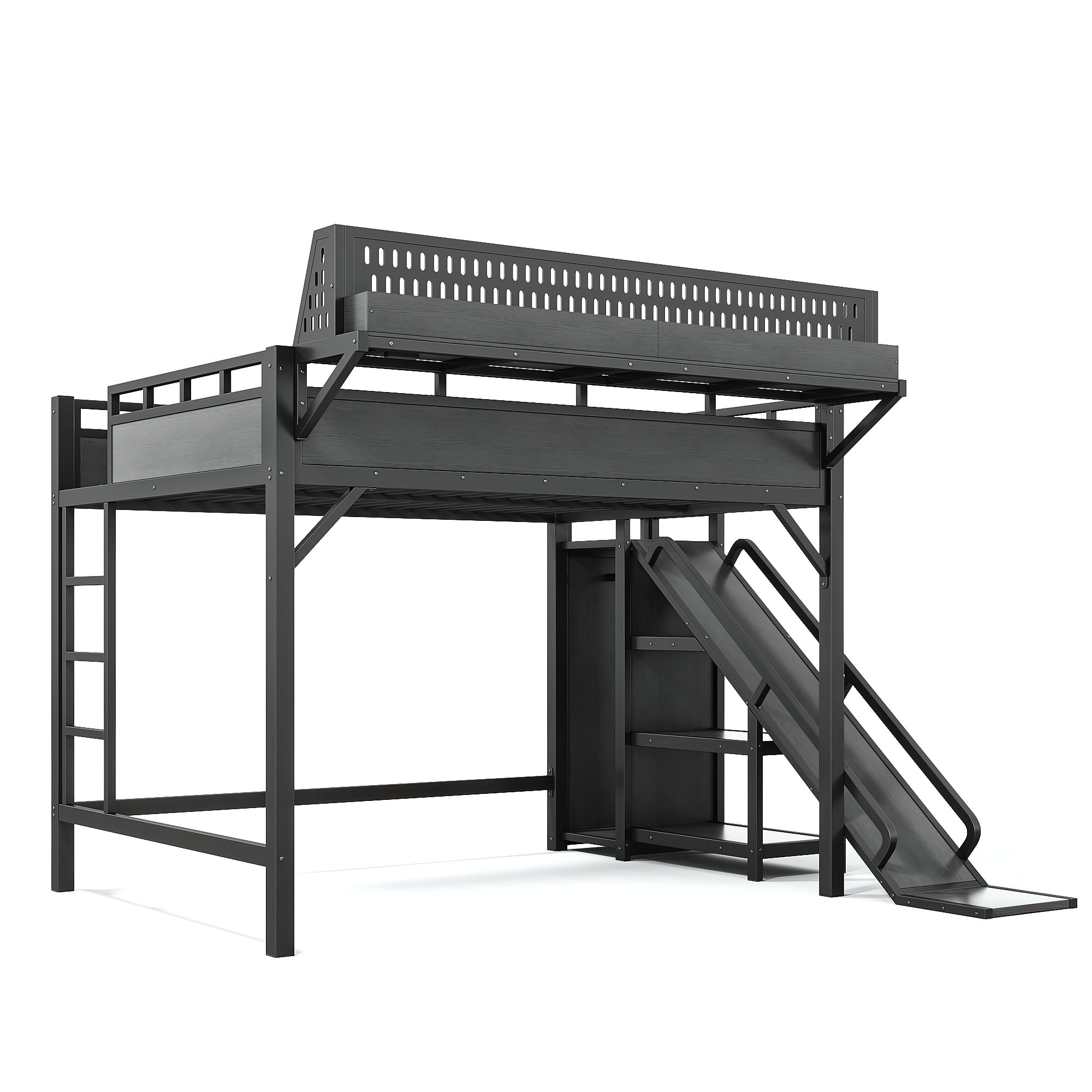 Queen Size Metal Loft Bed with Slide and Storage Shelves, Built-in Wardrobe and USB Ports with LED Lights for Kids, Black
