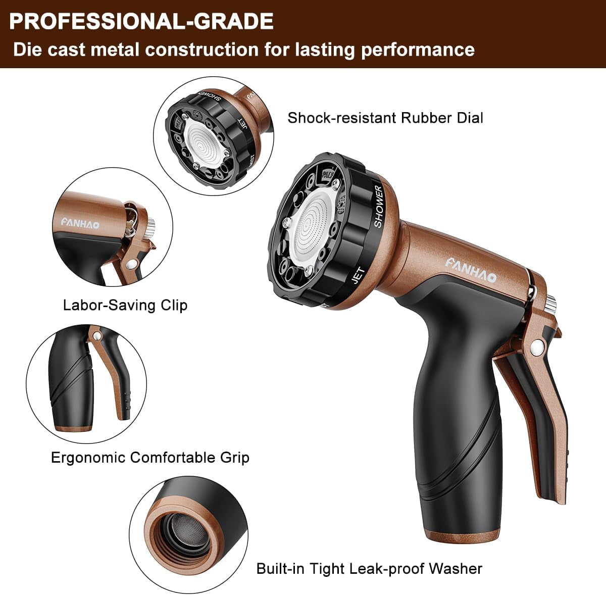 Metal Garden Hose Nozzle, Heavy Duty Water Hose Sprayer with 6 Spray Patterns, High Pressure Water Hose Nozzle with Rear Trigger, Ideal for Outdoor Lawn & Plant Watering, Car & Pet Washing