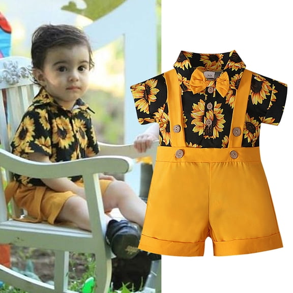 ZHOGXU Toddler Boys Summer Set Short Sleeve Lapel Sunflowers Print Romper Bosysuit And Suspenders Shorts Comfortable Fashion Outfits For Casual Daily Wear,Yellow,18-24 Months