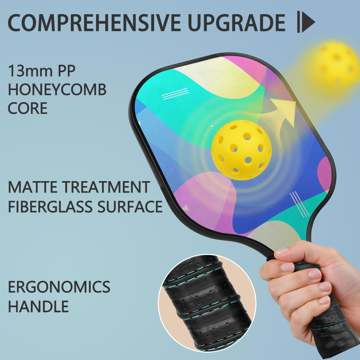 Pickleball Paddles Set Of 2, Fiberglass Surface, Neon Fluid Print, 4 Balls & Bag