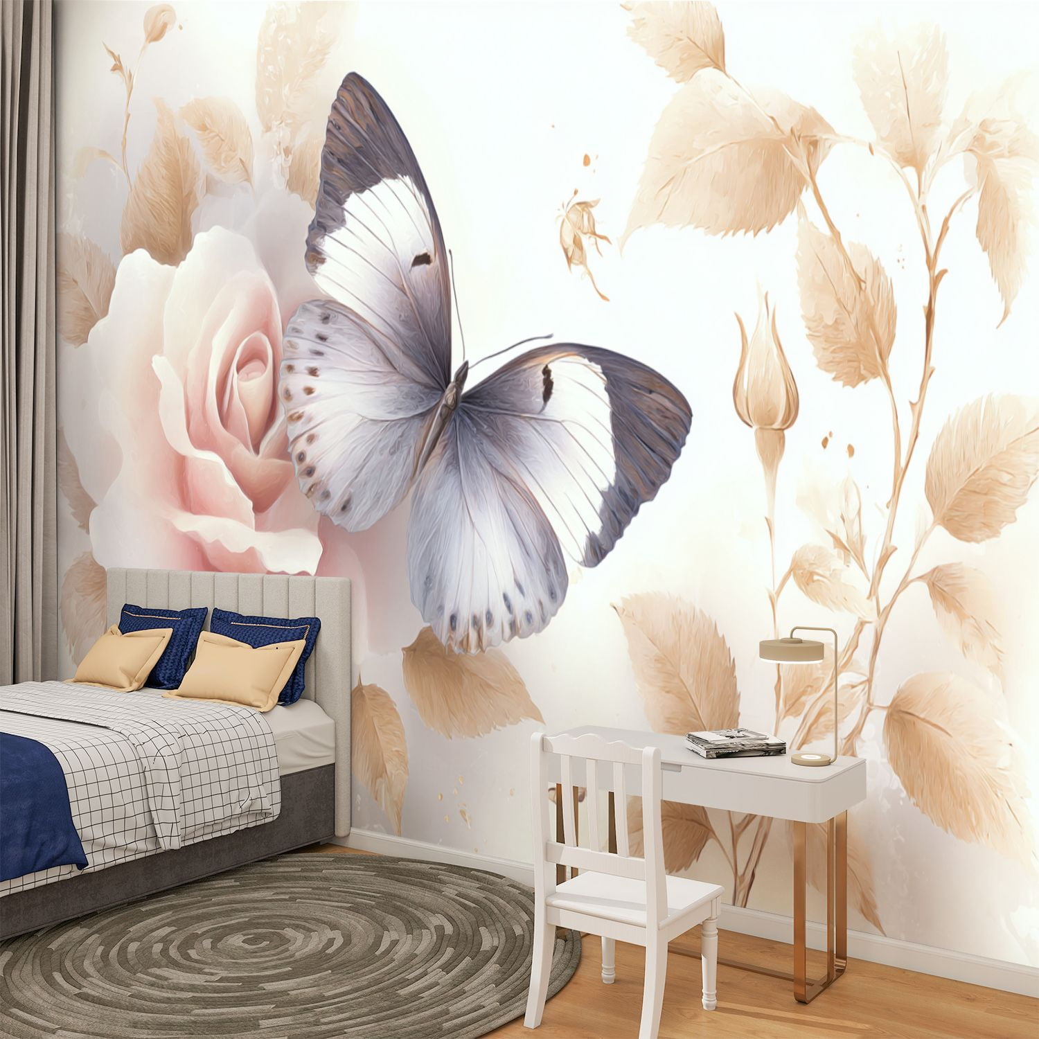 Peel and Stick Wallpaper Vintage Floral Cream Beige Flower Farmhouse Rose Butterfly Leaves Buds Modern Art Wall Mural Decor Self Adhesive and Removable 100in x 144in