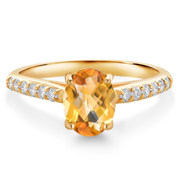 Gem Stone King 10K Yellow Gold Yellow Citrine and White Lab Grown Diamond Engagement Ring for Women (1.43 Cttw, Oval Checkerboard 8X6MM, Gemstone November Birthstone, Size 7)