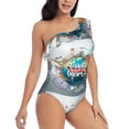 thumbnail image 3 of Pofeuu Travel Around The World Print Women's One Piece Swimsuits One Shoulder Swimwear Asymmetric Ruffle Monokinis Bathing Suits-Medium, 3 of 6