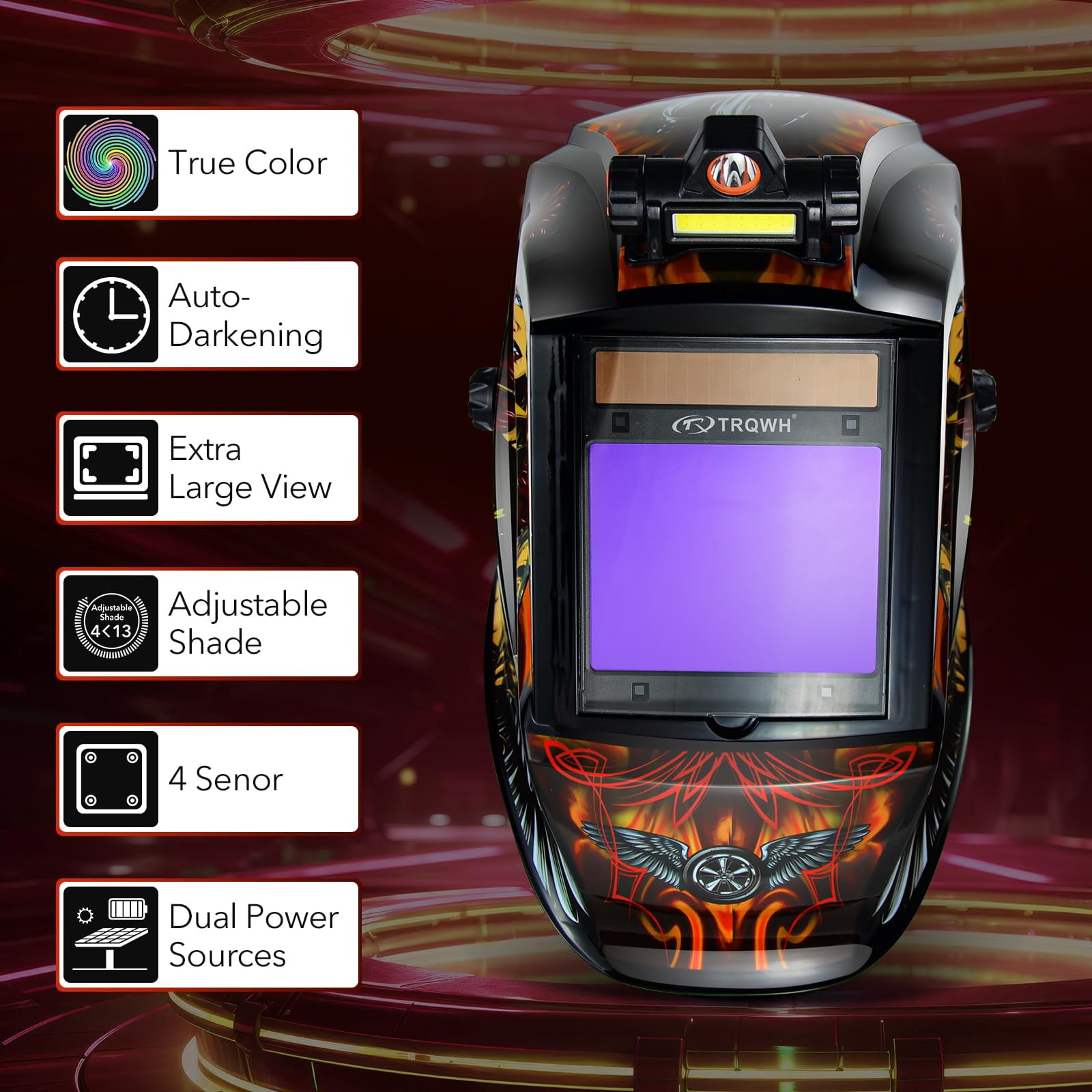 Welding Helmet Auto Darkening with LED Light Large View Solar Powered True Color Welding Hood 4 Arc Sensor Wide Shade 4/5-9/9-13 Welding Mask for TIG MIG Arc Weld Grinding