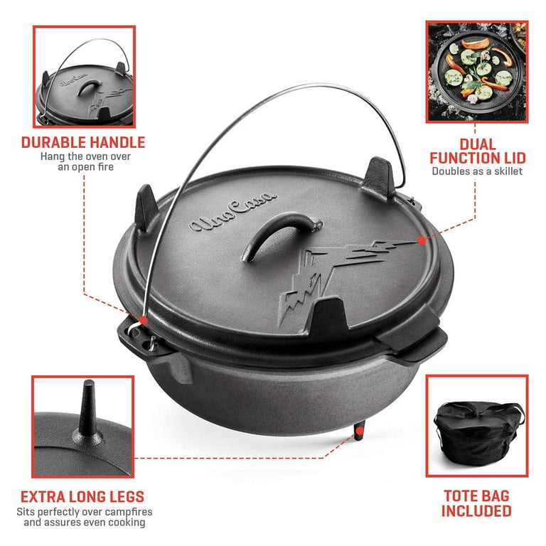 Uno Casa 6Qt Cast Iron Camping Dutch Oven with Lid Lifter and Storage Bag -  Cast Iron Dutch Oven Pot with Lid, Cast Iron Camping Cookware, Camping