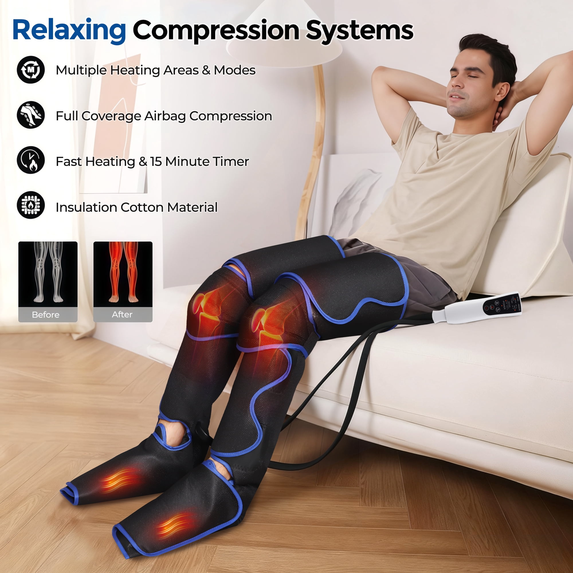 Leg Massager with Air Compression & Heat for Foot Calf Thigh, Upgrade Full Leg Wraps for Circulation, with 3 Modes 3 Intensities 2 Heat Levels for Muscle Fatigue, Compression Boots Machine
