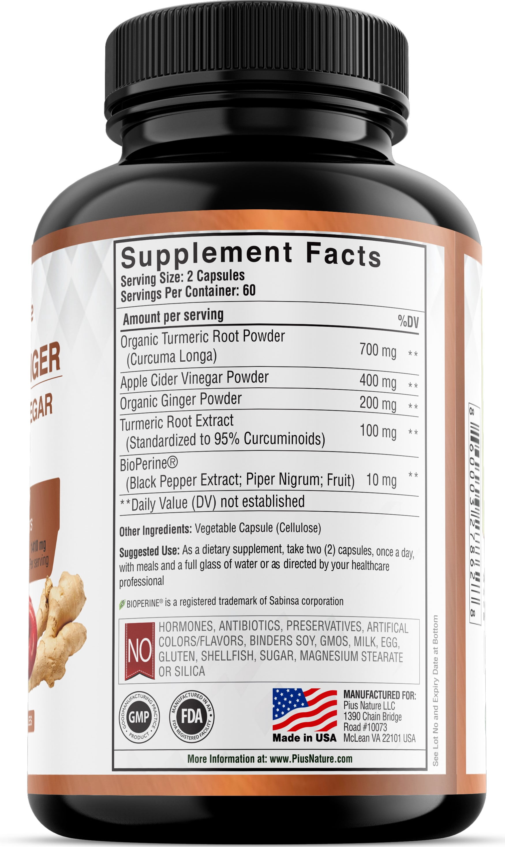 120 Capsules of USDA Organic Turmeric Root Powder, USDA Organic Ginger Powder and Apple Cider Vinegar Powder with Curcumin (95% Curcuminoids) and Bioperine, 1410 mg per Serving in Veggie Capsules