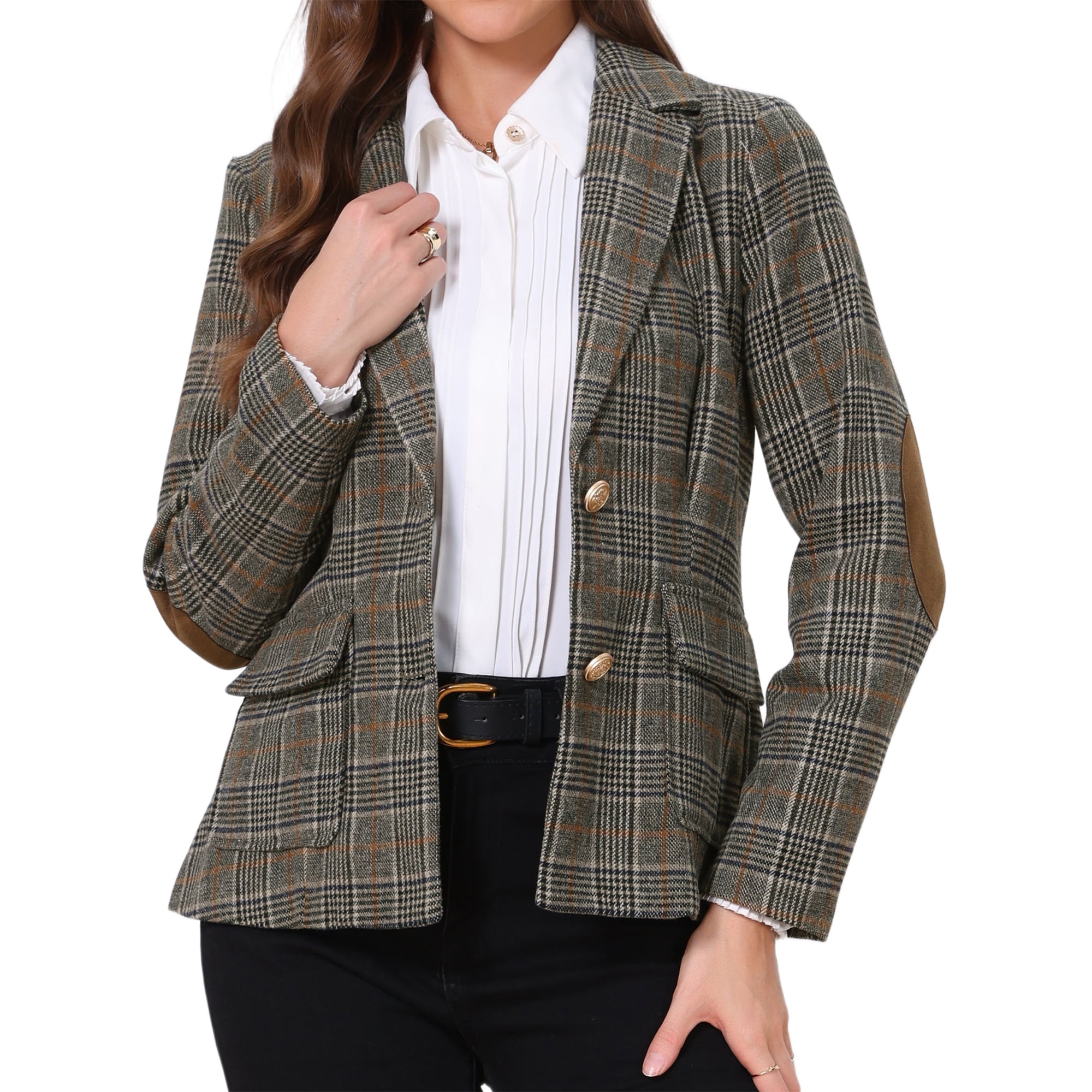 INSPIRE CHIC Plaid Blazer for Women Single Breasted Notched Lapel Long Sleeve Office Work Suit Blazers Jackets with Pockets XS Coffee Plaid