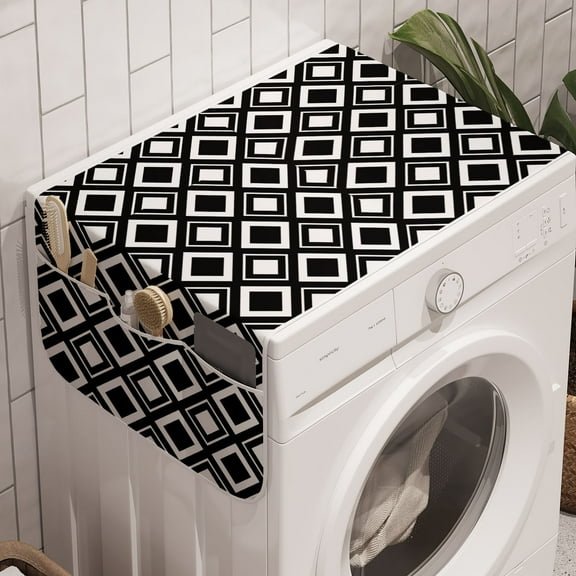 Black and White Washing Machine Organizer, Monochrome Background with Square Shapes Diagonal Pattern Modern Geometric, Anti-slip Fabric Top Cover for Washer and Dryer, Black White, by Ambesonne