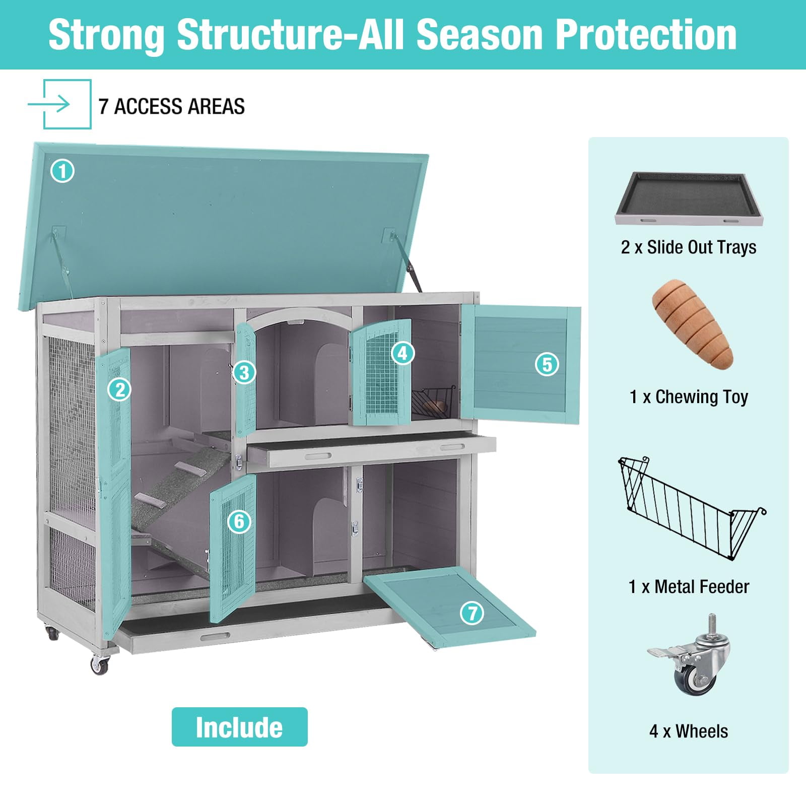 BUTINGLALE 47" Two Story Rabbit Hutch with Wheels, Indoor Outdoor Bunny Cage Guinea Pig Cage, 2 Deep No Leak Trays Included, Gray