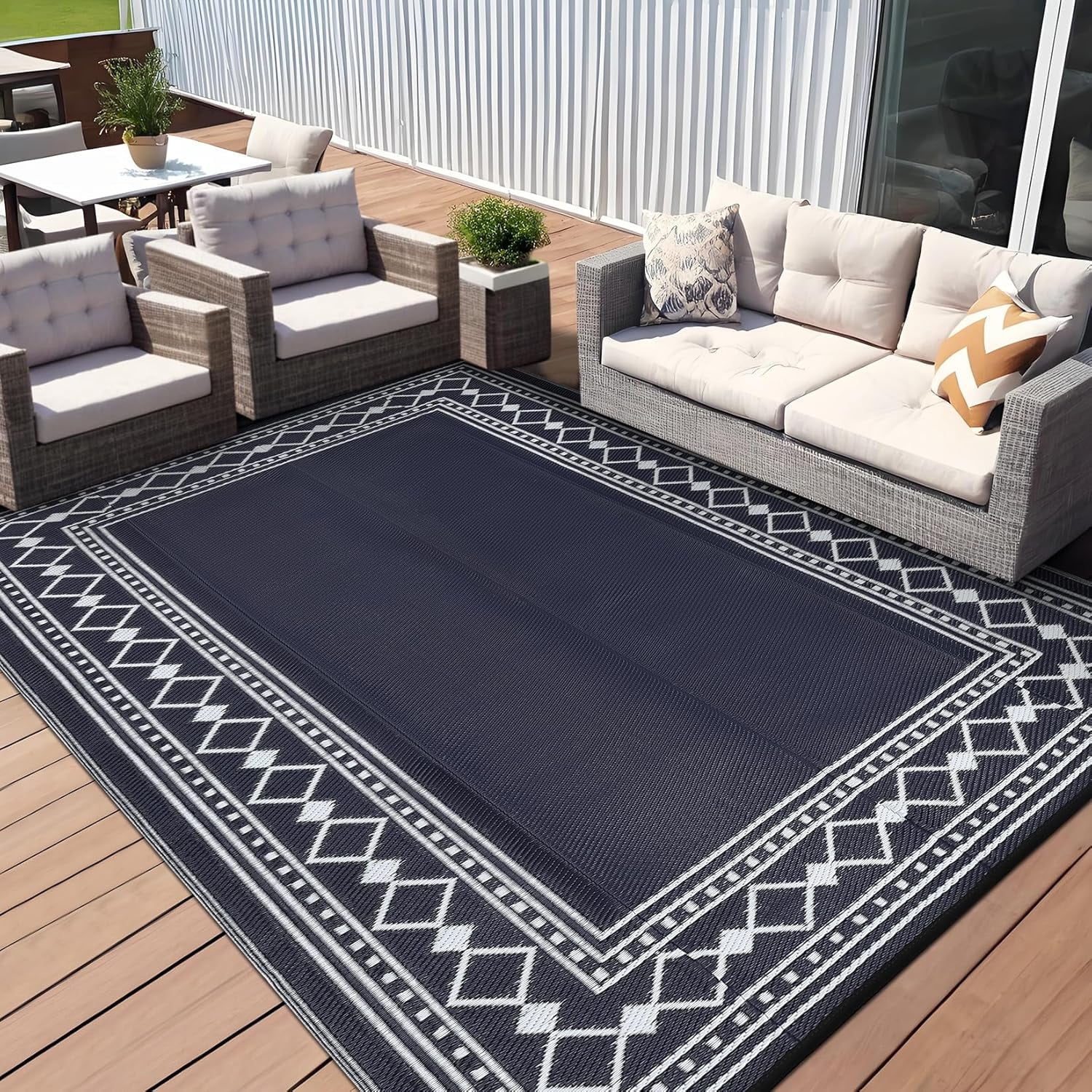 Riedhoff Outdoor Rug 9'x18', Geometric, Dark Blue