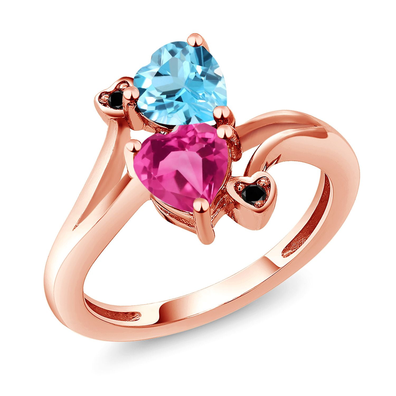 Gem Stone King 18K Rose Gold Plated Silver Swiss Blue Topaz Pink Created Sapphire and Black Diamond Ring for Women (1.78 Cttw, Heart Shape 6MM, Gemstone November Birthstone, Size 5)