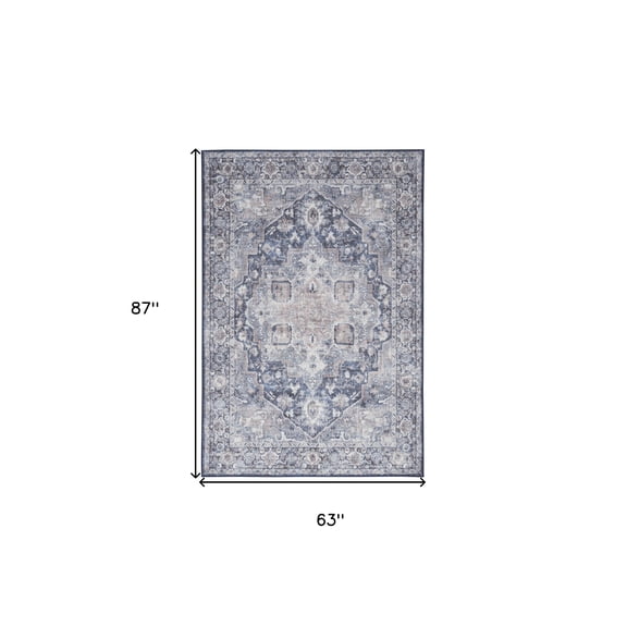 5' X 7' Blue And Pink Floral Power Loom Distressed Washable Area Rug
