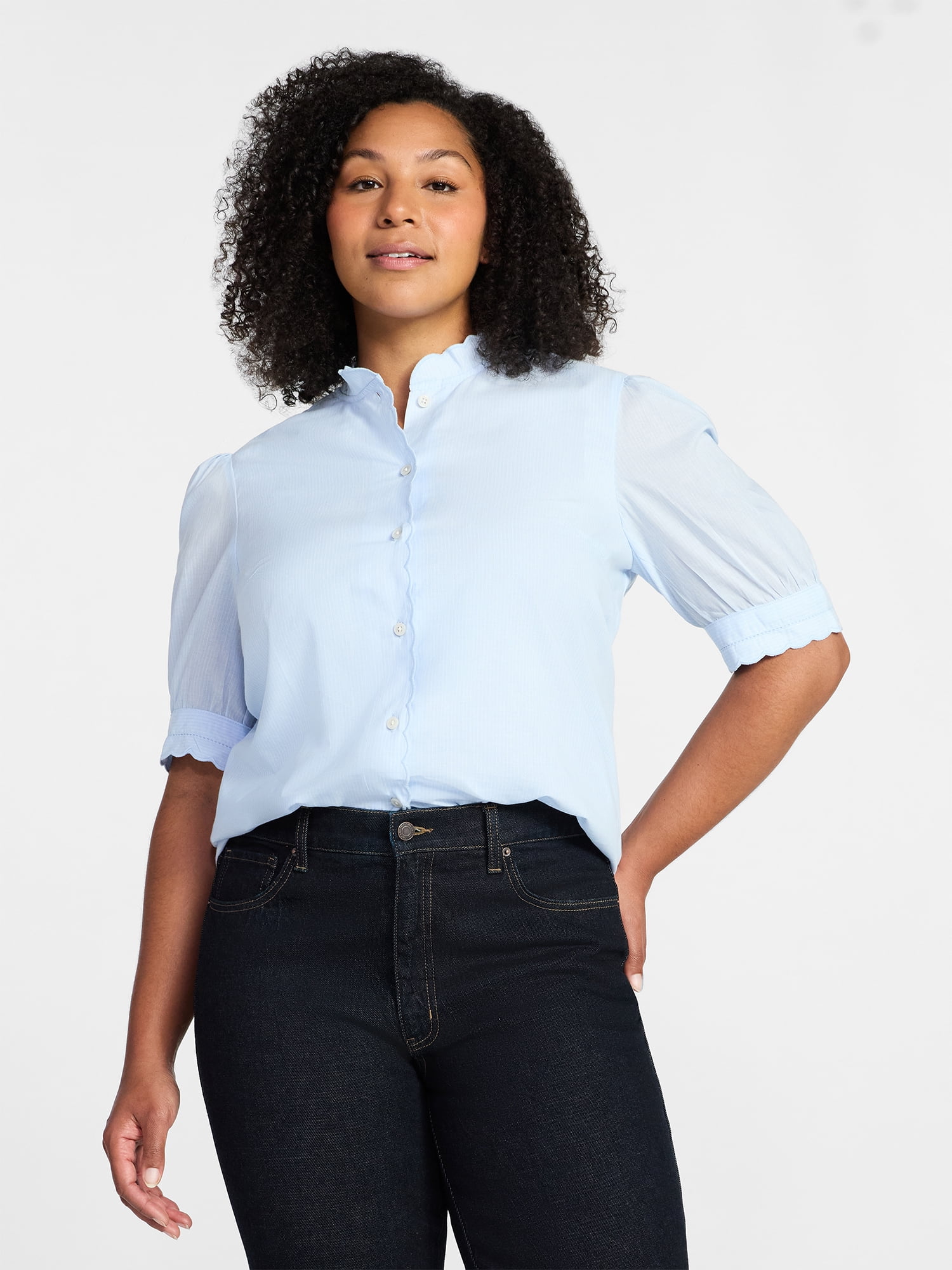 Time and Tru Women's Cotton Scalloped Edge Blouse with Short Sleeves, Sizes XS-XXXL