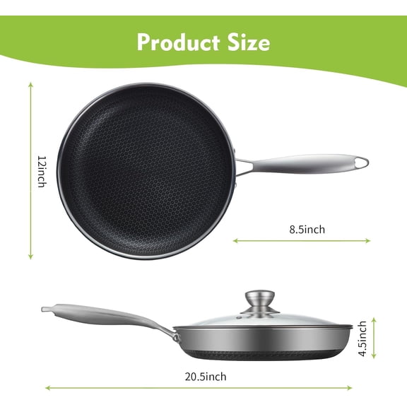 Non Stick Frying Pans, Hybrid 12 Inch with Lid, Stainless Steel Skillets for Induction, Gas & Oven Use