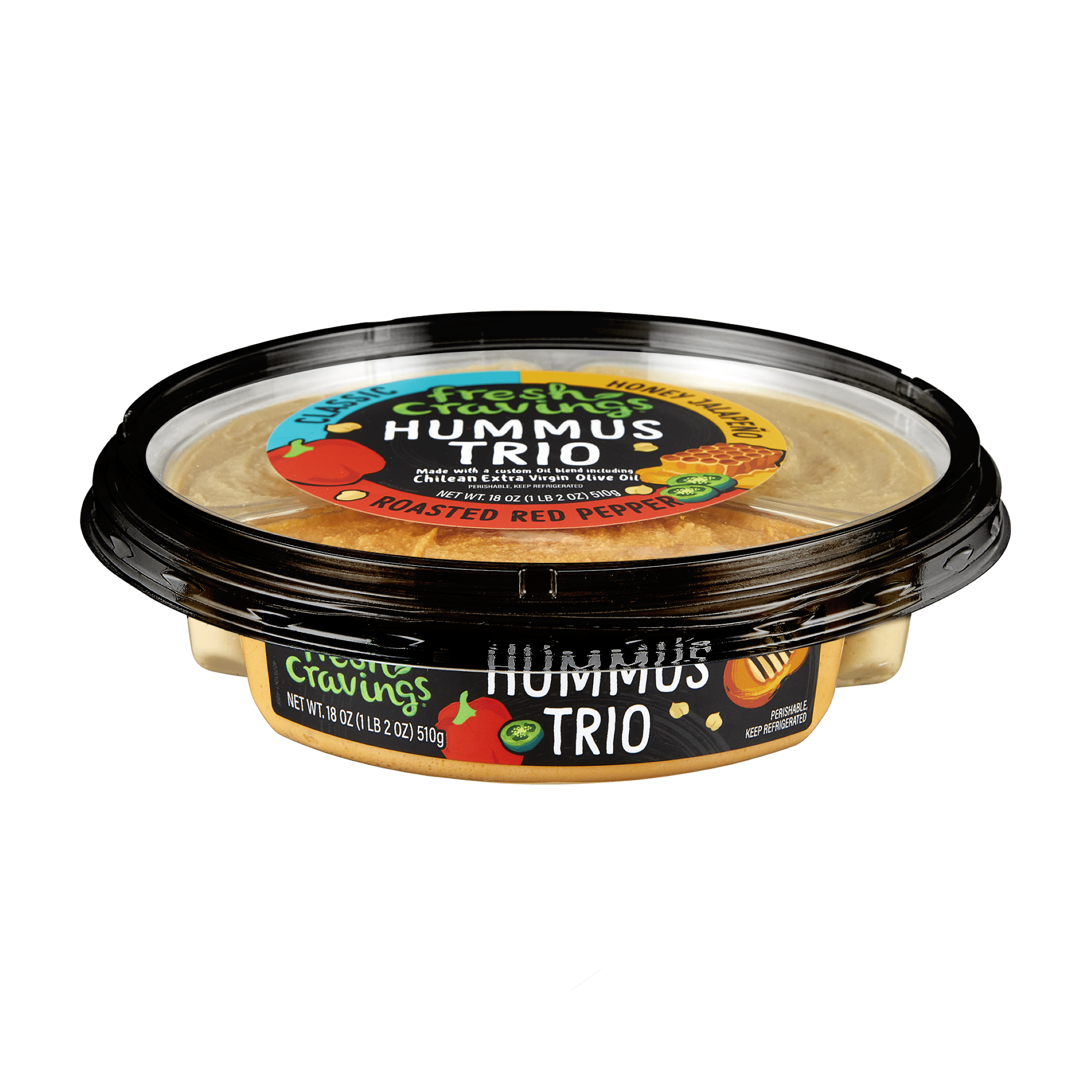 Fresh Cravings Hummus Trio Dip, Fresh, 18 oz. Plastic Tub, Gluten-Free, 2 Tbsp (32g)