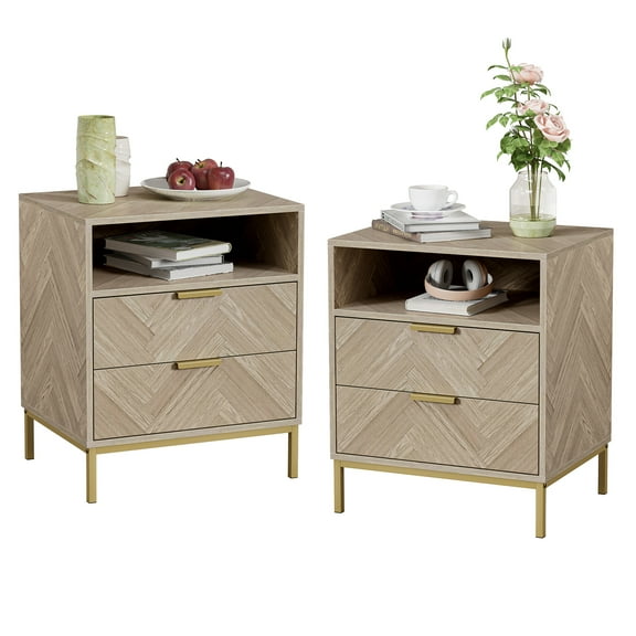 Eumyviv Wood Nightstand, Modern Set of 2 End Table with 2 Drawer and One Open Shelf, Bedside Table with Storage for Bedroom, Sofa side, Oak