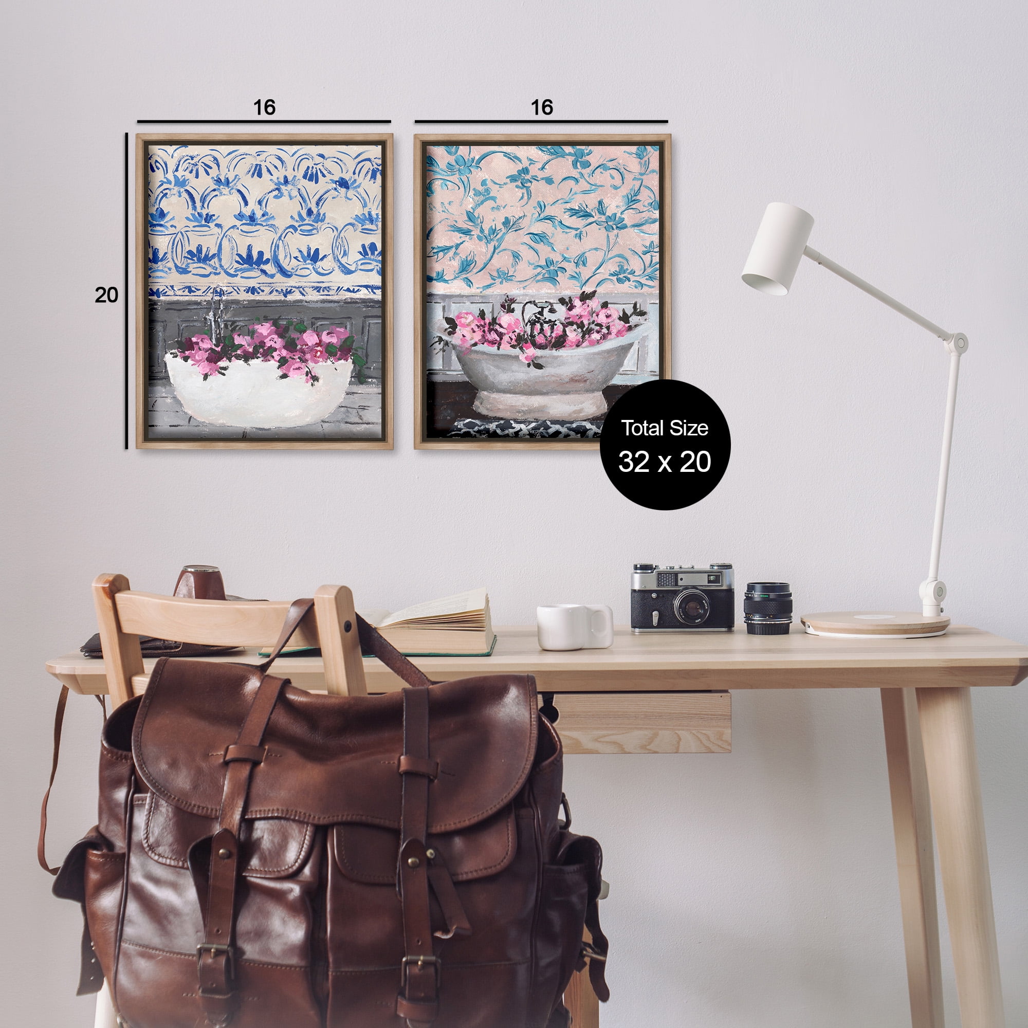 Stupell Industries Flowers In Bath Tub Interior Design Botanical & Floral Painting Brown Floater Framed Canvas Art Print Wall Art, 17 x 21, Set of 2