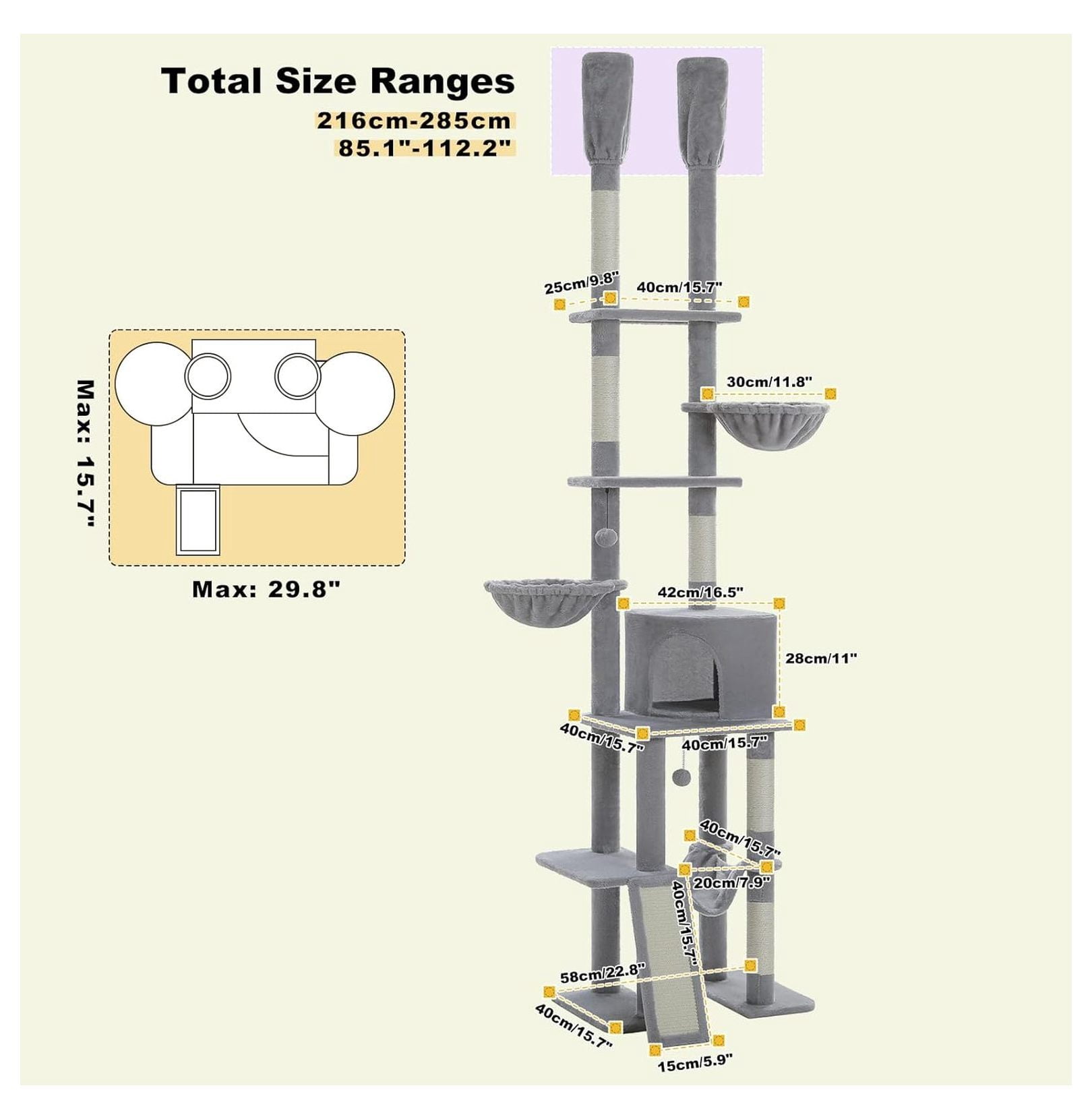 Cat Tree Floor to Ceiling, Adjustable Cat Tower 85-112 Inches, 7 Tier Cat Climbing Tower with Hammocks & Scratching Posts for Indoor Cats - Gray