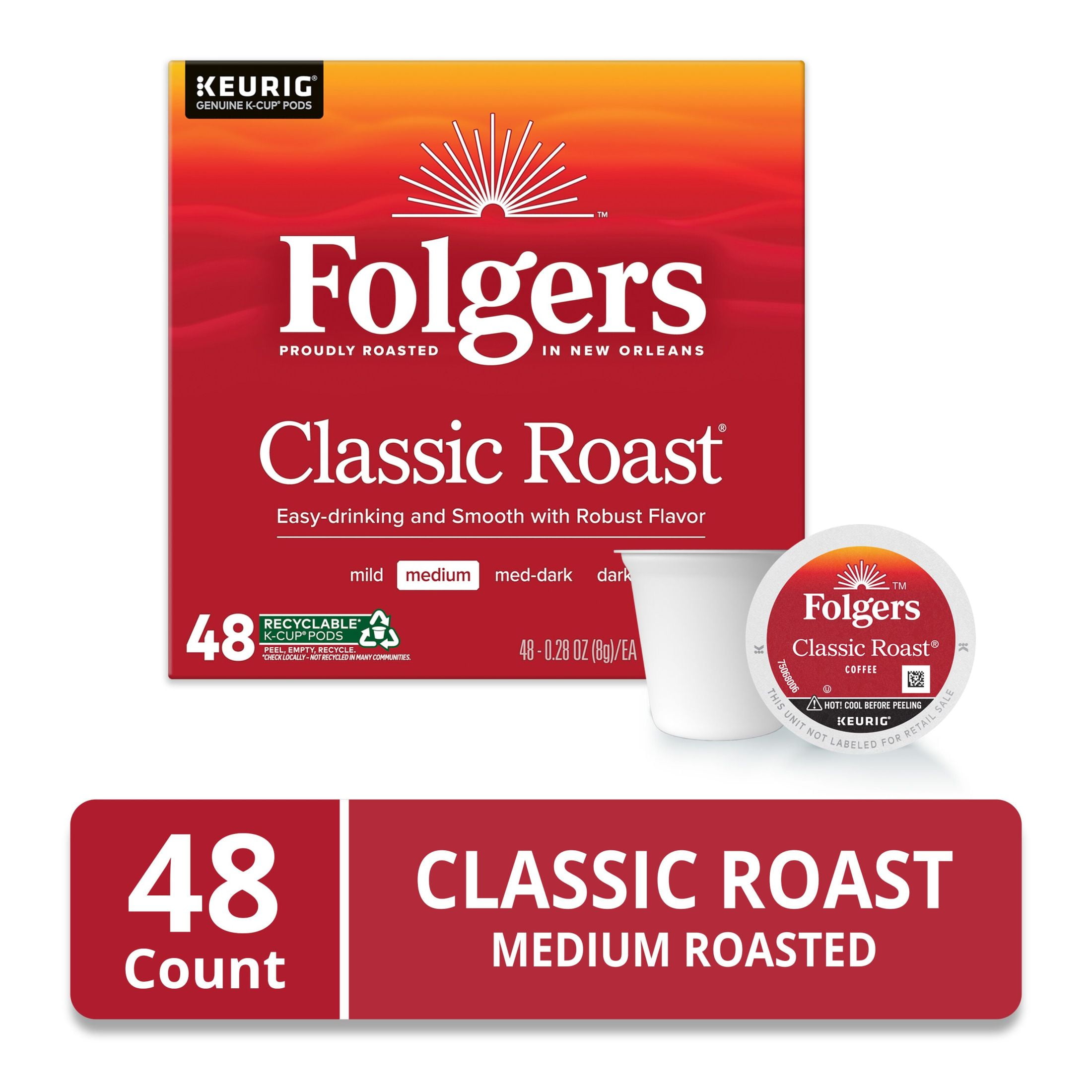 Folgers Classic Roast, Medium Roast Coffee, Keurig K Cup Pods, 48 Count Box