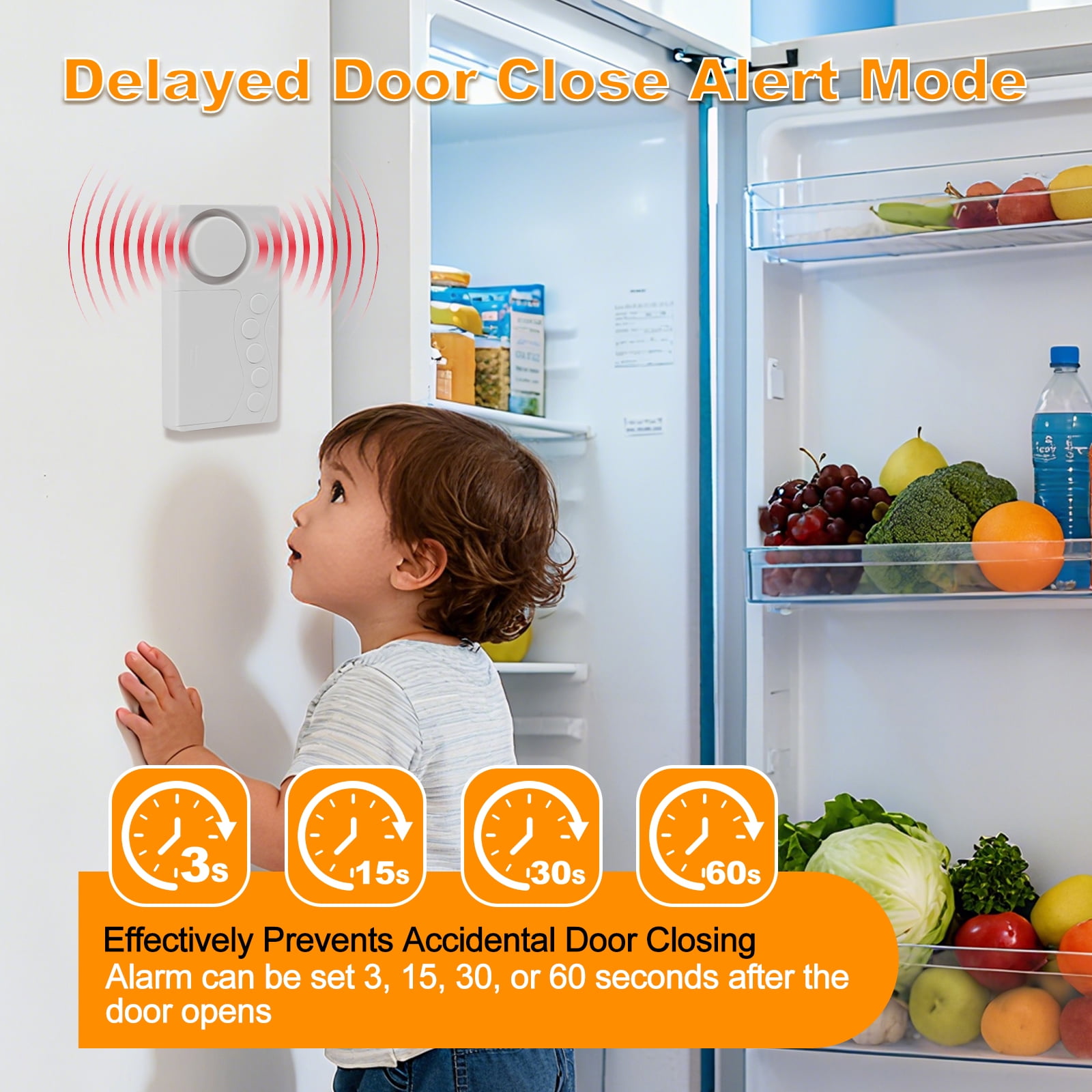 NineLeaf Freezer Door Alarm,Door and Window Alarms for Home Security,3/15/30/60 Seconds 4-In-1 Door Magnetic Refrigerator Door Open Alarm Delayed Door Closing Bell for Home Business Office Shop,5PK