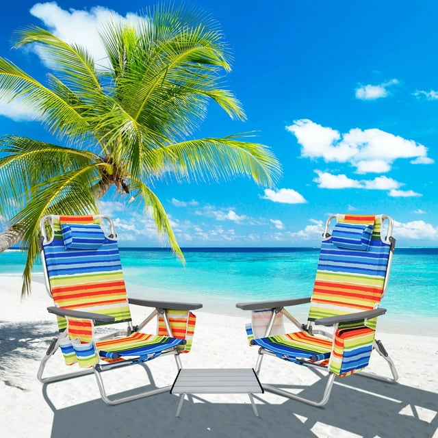 Costway Ensemble de 2 Chaises de Plage Pliantes avec Table, Chaise Inclinable d'Extérieur à 5 Positions