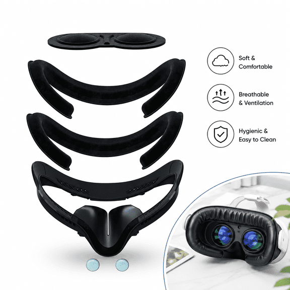 Face Pad for Oculus Quest 2, 6-in-1 VR Accessories for Meta Quest 2, Face Cover Replacement Set with 2 Pcs Comfortable Leather Foam Face Cushion, Lens Cover, Nose Pad and Thumb Stick Caps