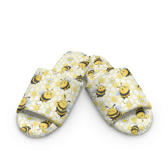 Xoenoiee Bee Daisy Honeycomb Print Cotton House Slippers for Women Men, Soft Open Toe Indoor Slippers Non Slip Washable Comfortable Shoes for Hotel Travel Bedroom, 6-7 Women/ 5-6 Men