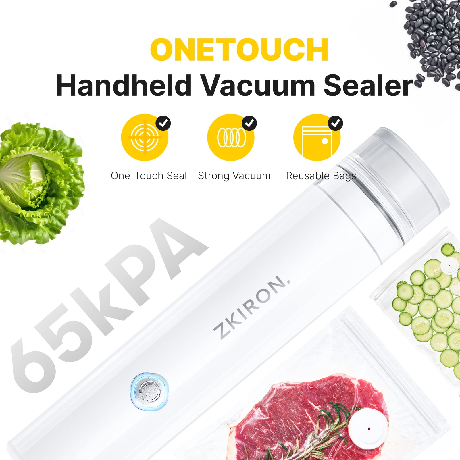 ZKIRON Handheld Vacuum Sealer for Food - Cordless Portable Food Sealer with 12 Reusable Vacuum Bags, Compact Food Saver for Sous Vide, Meal Prep & Kitchen Storage, One-Touch Freshness Preservation