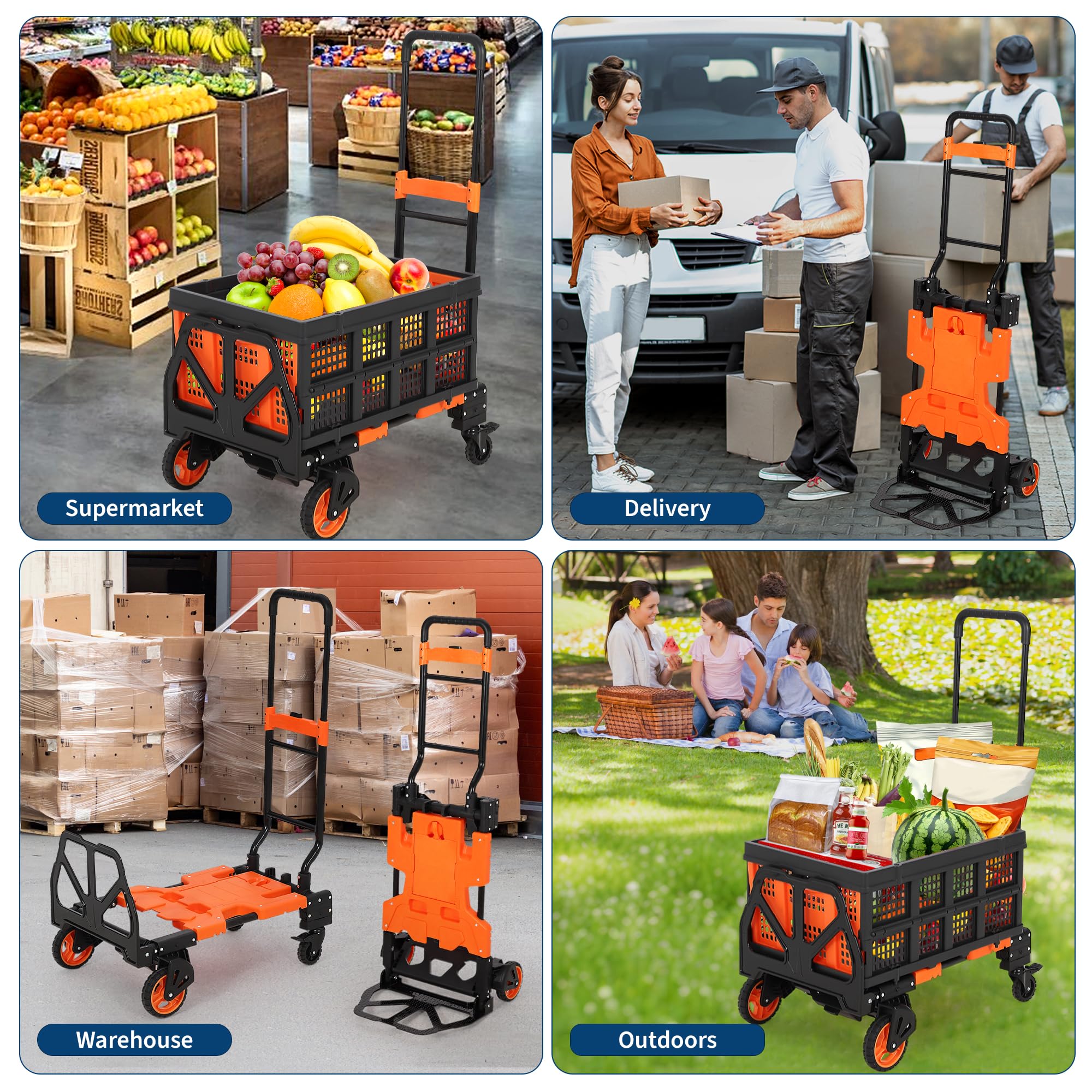 Danolapsi 2-in-1 Folding Hand Truck with Foldable Basket,330LBS Heavy Duty Dolly Cart,Convertible Folding Hand Cart with Telescoping Handle,Wheels and Bungee Cord,Portable Dolly Cart for Luggage