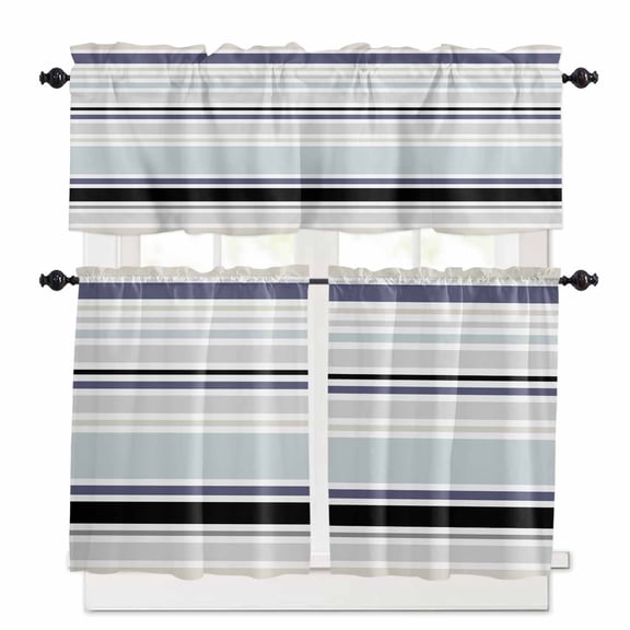 Gray Black Stripes Kitchen Curtains Valance and Tier Set Lines Art Rod Pocket Short Curtains for Small Window 3 Pieces Set for Bedroom Bathroom Cafe (54" x 18" 27" x 24")