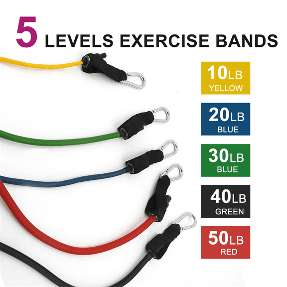 5-PC Resistance Bands Set - Exercise Bands with 5 Levels (10-50 lbs), Includes Door Anchor, Ankle Straps & Carry Bag for Home Gym, Physical Therapy, Strength Training