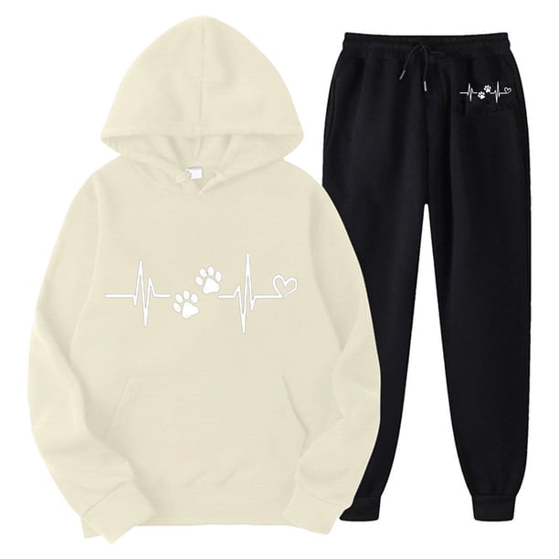Gibobby Conjuntos de sudadera con bloques Conjuntos de pantalones para mujer Trajes de dos piezas Estampado de corazón Lindo conjunto a juego Sudadera con cap(Beige,CH)
