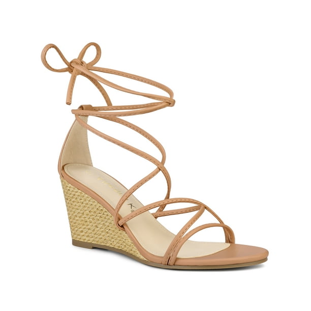 Unique Bargains Women s Lace Up Strappy Wedge Heels Sandals Nude Size 10