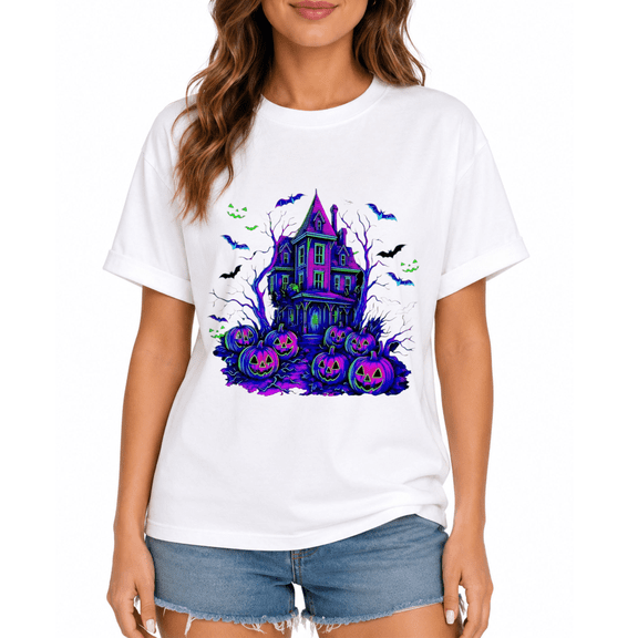 Halloween Horror House and Pumpkin Pattern Round-neck Casual T-Shirt, suitable for Halloween parties