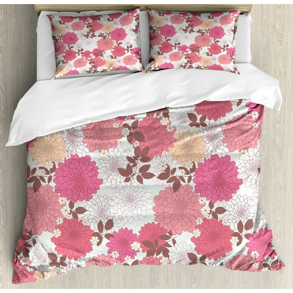 Dahlia Flower Duvet Cover Set King Size, Springtime Inspired Mix of Blossoms Bouquet Romantic Feminine Retro Leaflets, Decorative 3 Piece Bedding Set with 2 Pillow Shams, Pink Grey, by Ambesonne