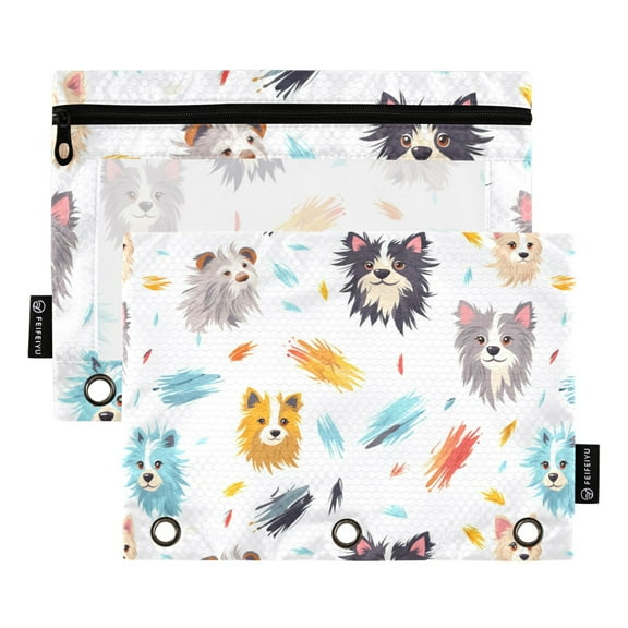 Various Color Dogs 2 Pack Pencil Pouch for 3 Ring Binder Smooth Zipper Folders with Pockets Clear Window Pencil Case