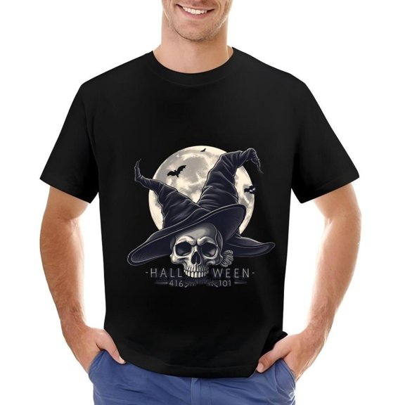 Men's Cotton Short Sleeve T-Shirt with Spooky in Hat Design Full Moon & Bats Perfect for Halloween Celebrations