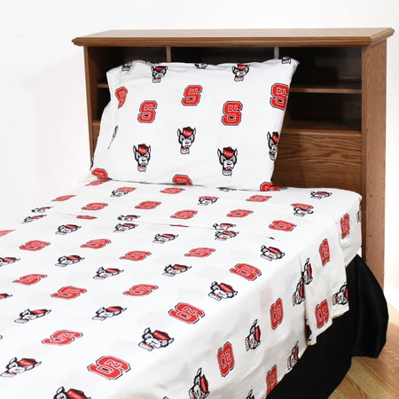 North Carolina State Wolfpack 100% cotton, 3 piece sheet set - flat sheet, fitted sheet, 1 pillow case, Twin XL, White