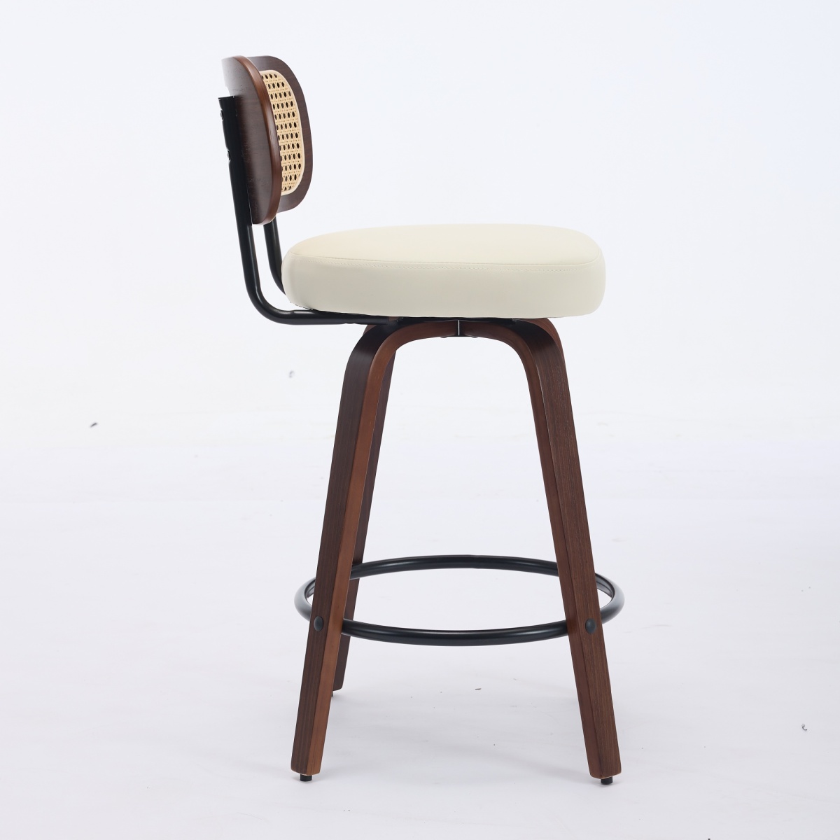 26 Inch Counter Height Swivel Bar Stools, Set of 3 Upholstered Faux Leather Bar Chairs with Walnut Back, Bentwood Legs, Mid Century Modern Island Stools for Kitchen Counter