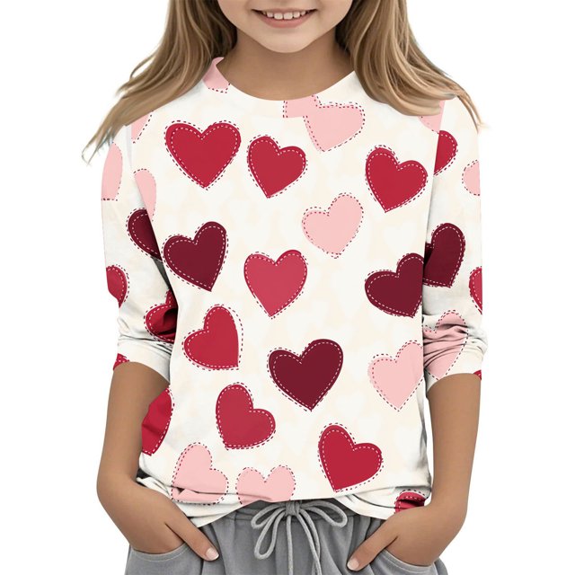 COM1950s Chemise de la Saint-Valentin pour Garçons, Chemise de la Saint-Valentin pour Garçons et Filles, Imprimé Saint-Valentin pour Garçons et Adultes, Manches Trois-Quarts, Col Rond, Chandail de Base, Chemise de la Saint-Valentin